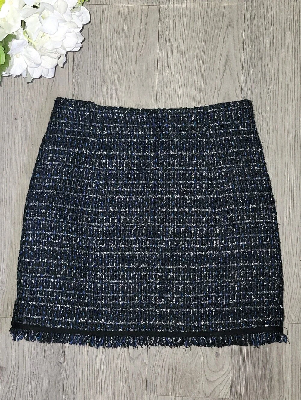 Veronica Beard Mirabelle Mini Skirt Navy, Silver, Black Tweed & Fringe Hem, 4